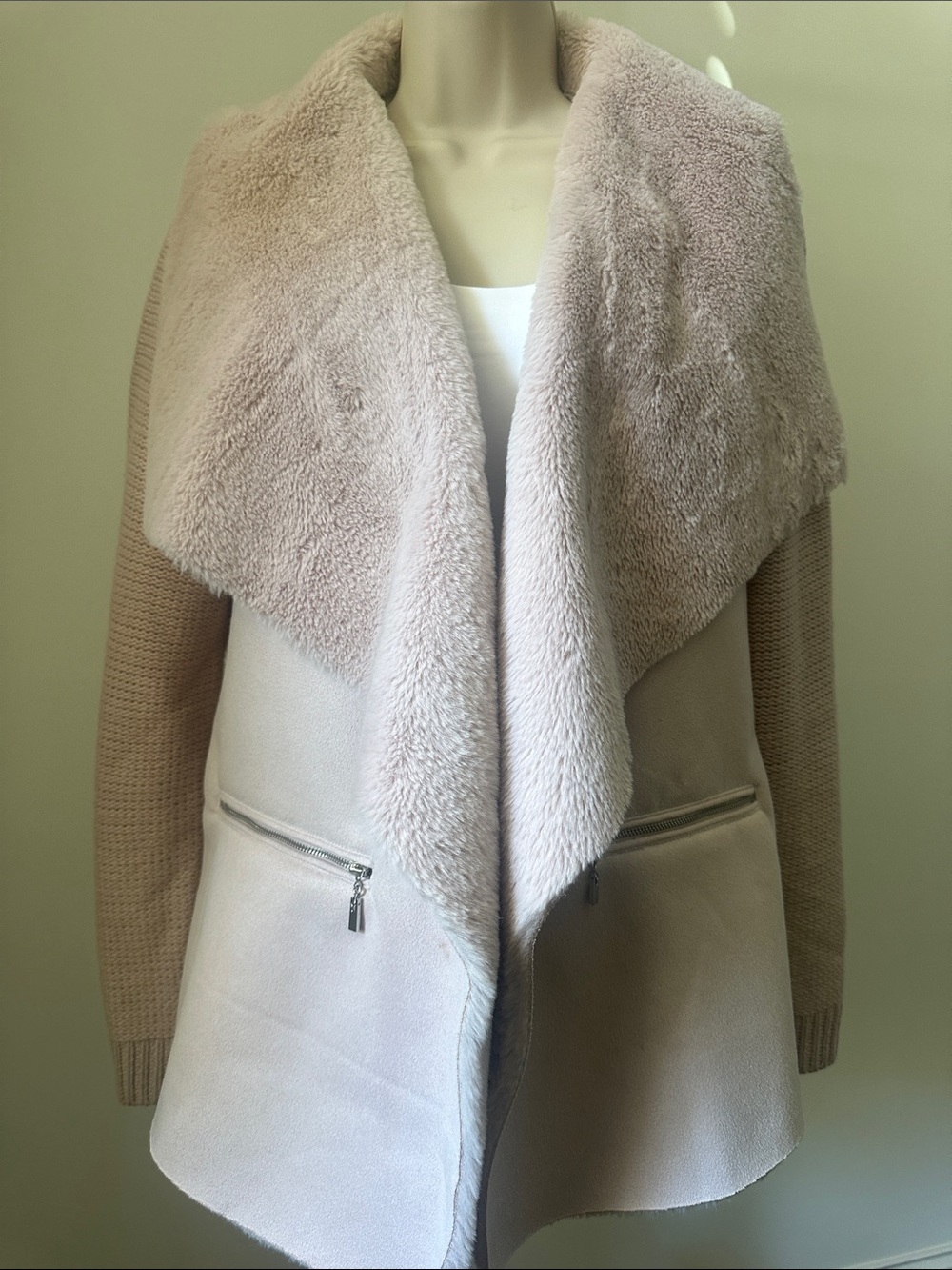 Women's Faux Shearling Draped Open Front  sweater Coat - Blush
